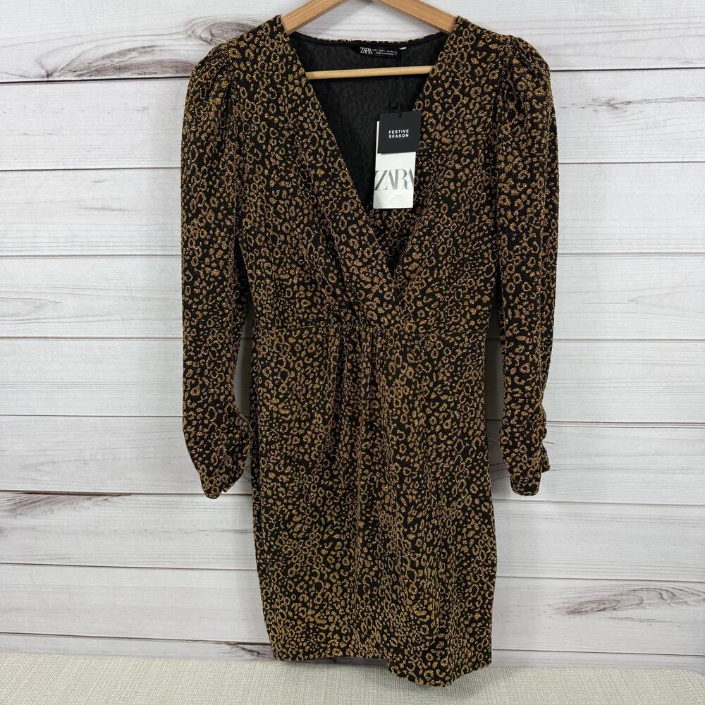 Womens Zara Gold Metalic Animal Print Jacquard Mini dress NWT Size L‎